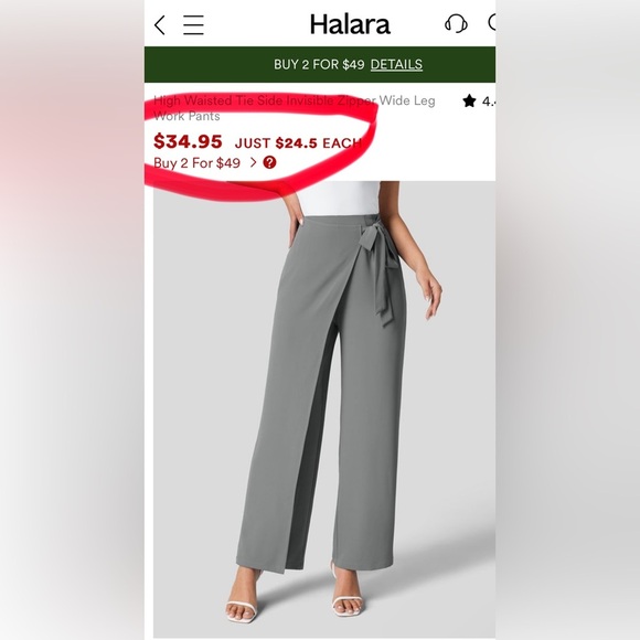 Halara Grey High Waisted Tie Side Invisible Zipper Wide Leg Work Pants|NEW/NWT🩶 - Picture 4 of 6